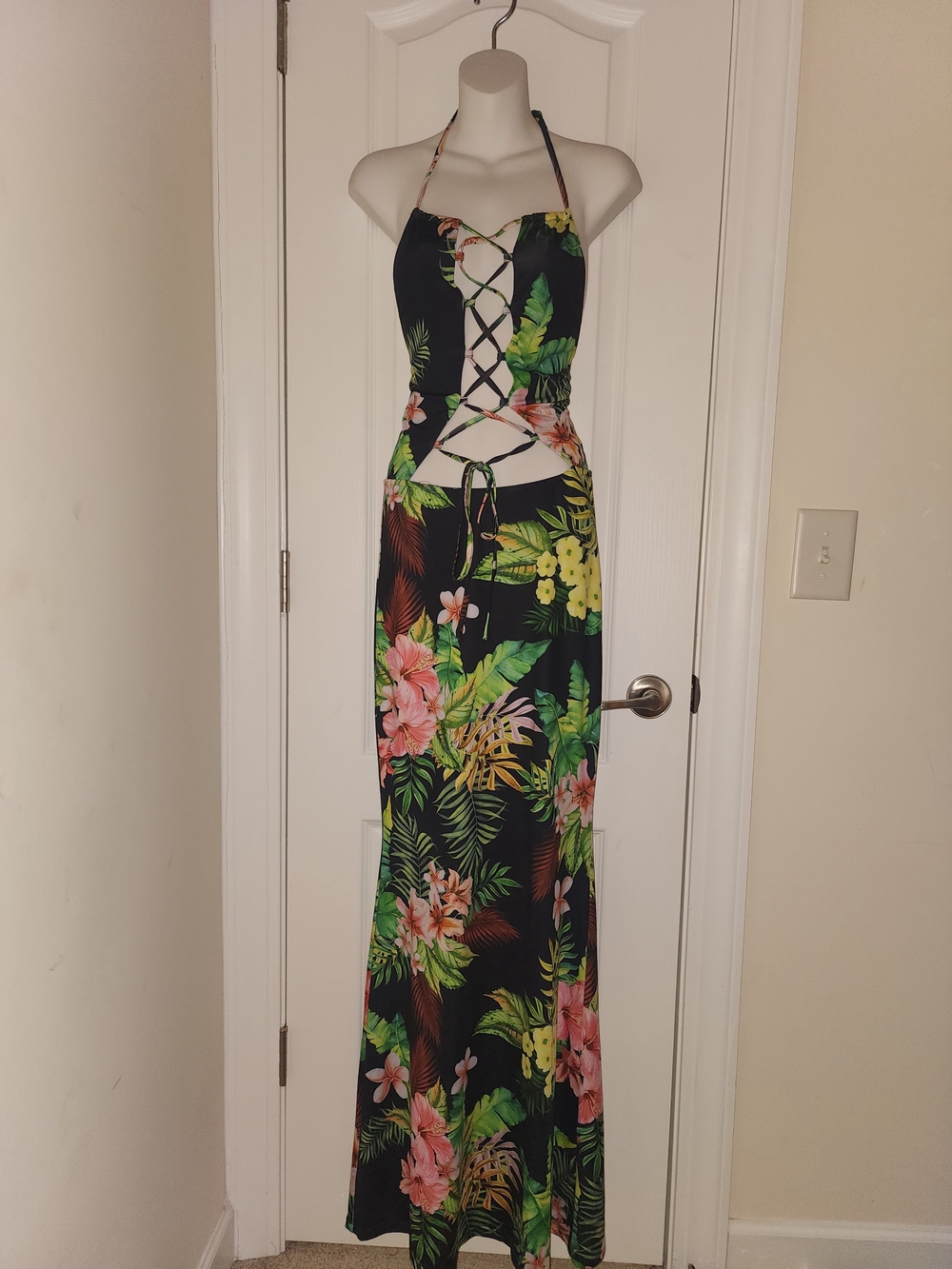 Floral Lace-Up Halter Maxi Dress - Black/Green/Pink